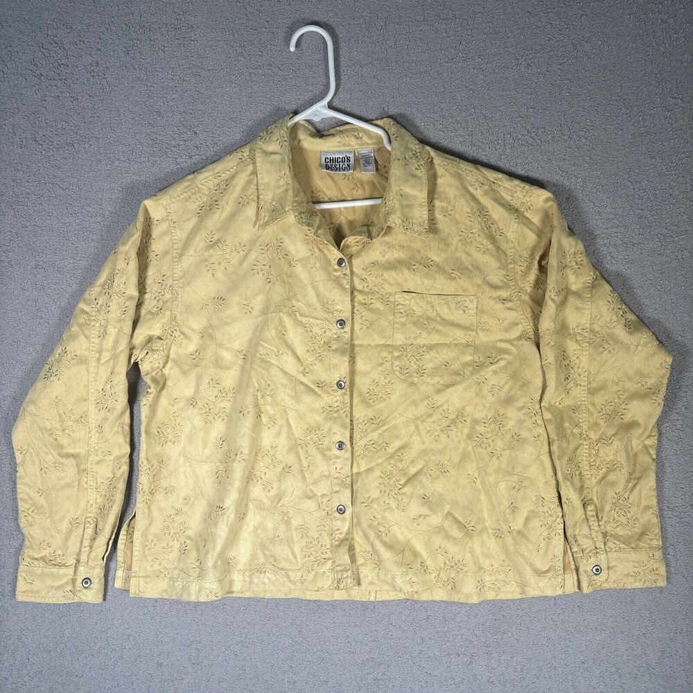 Vintage Chicos Design Long Sleeve Button Up Women’s Blouse With Leaf Embroidery